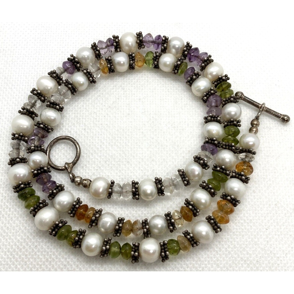 Vintage Pearl Amethyst Peridot Citrine 20'' Necklace Sterling 925 Silver 42.2g